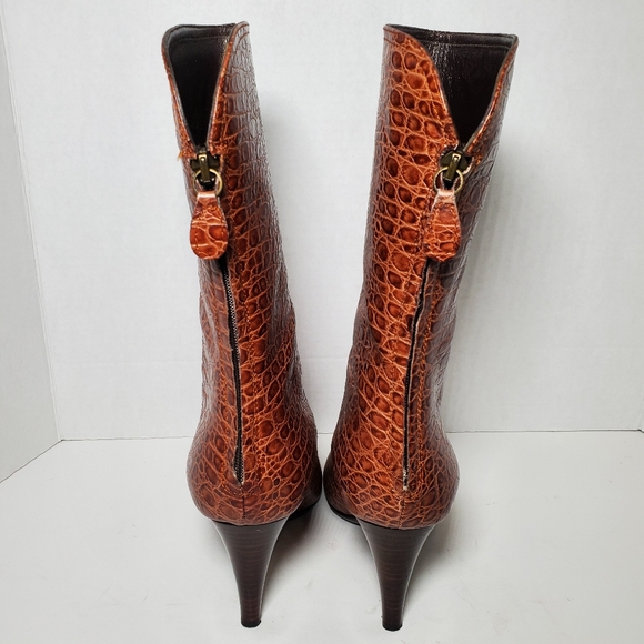 Cole Haan Nydia Cognac Crocodile Style Boots Heeled Zipper - Picture 6 of 11